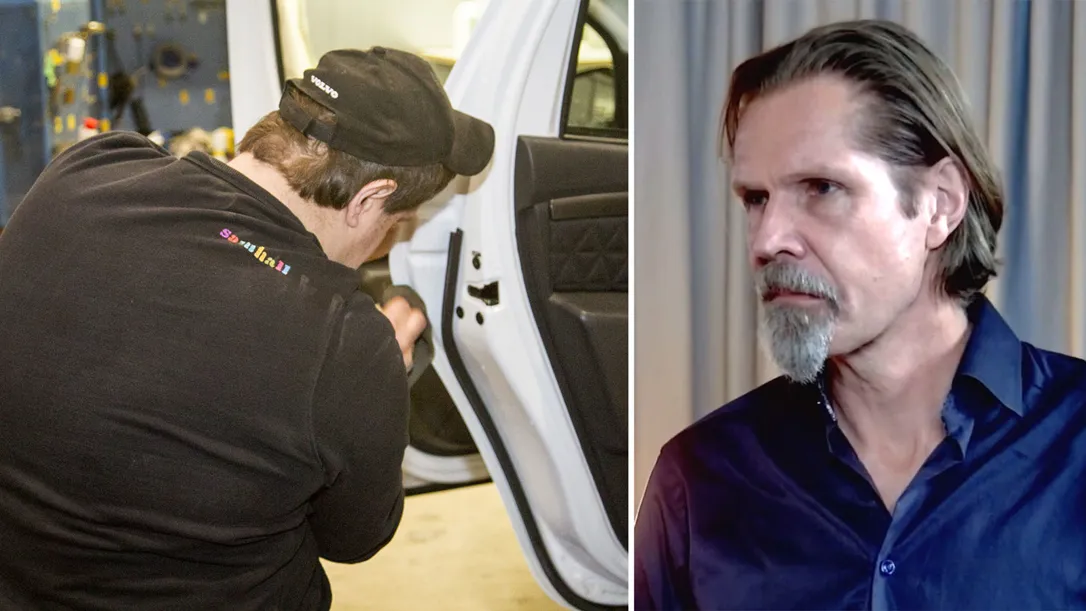 Delad bild som visar en samhallsmedarbetare som arbetar med en bildörr i en verkstadsmiljö samt ett porträtt av en man i en inomhusmiljö.