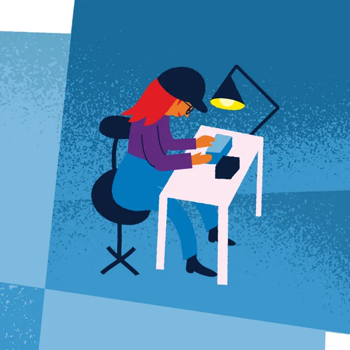 Illustration av person som sitter vi ett skrivbord och arbetar. 