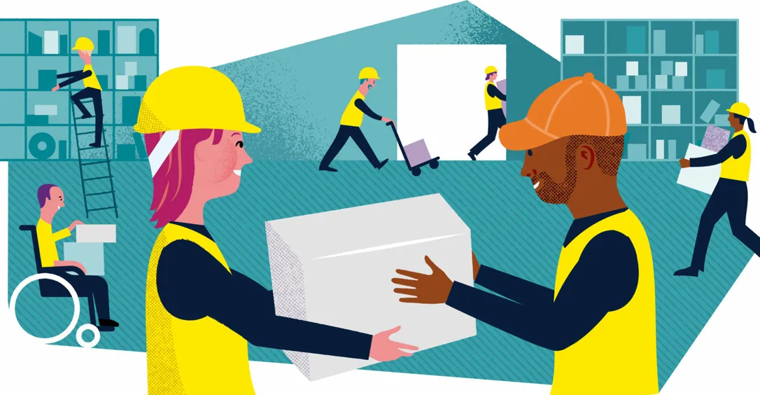 Illustration av personer som arbetar med olika uppgifter. I förgrunden syns två personer som håller i en vit låda.
