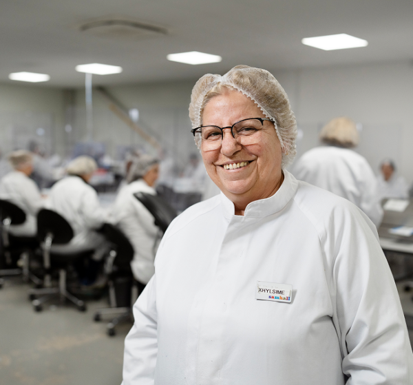 En Samhallmedarbetare i arbetskläder står i en produktionsmiljö med kollegor i bakgrunden.