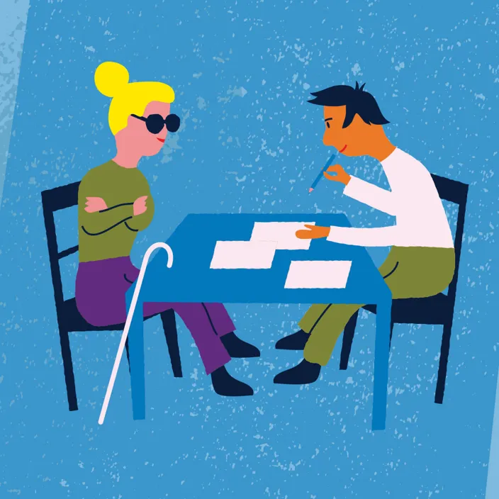 Illustration av två personer sittandes vid ett bord. Den ena har en blindkäpp och den andra håller i en penna och ska skriva på ett papper. 