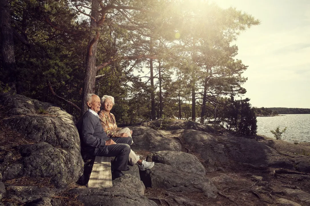 Lillemor och Björn sitter tillsammans på en träbänk bland klippor och tallar vid vattnet i varmt kvällsljus. De tittar ut över havet medan solen lyser genom träden bakom dem.