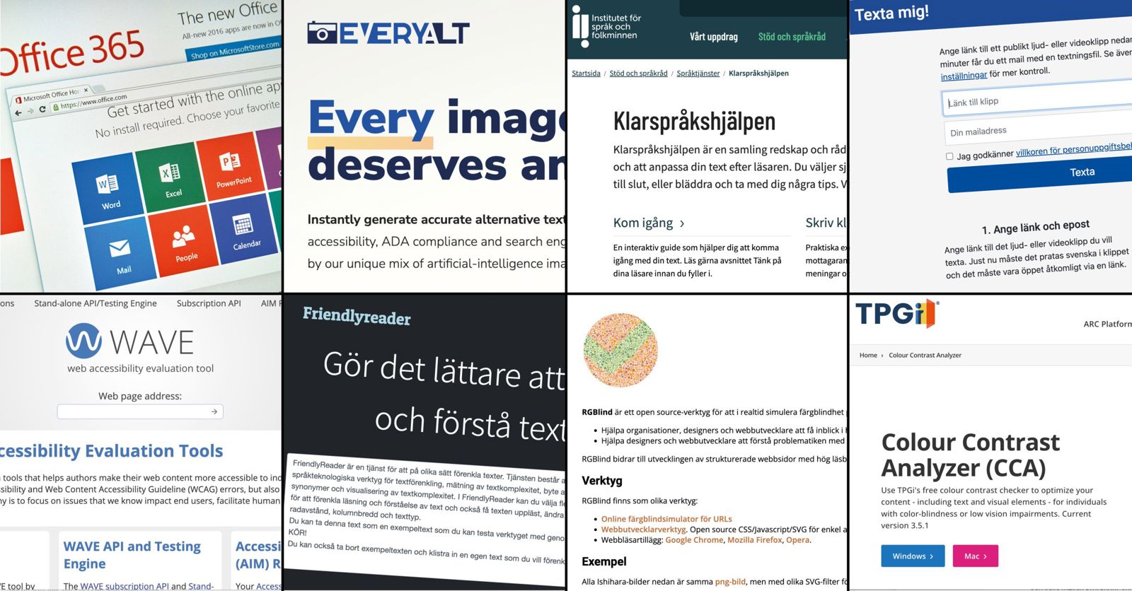 Kollage, eller så kallade skärmdumpar, på åtta appar.