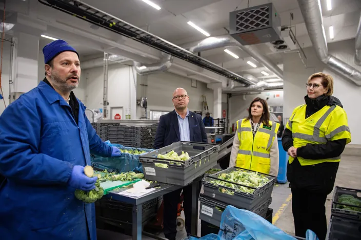 Bild på fyra personer i en industrilokal. De bär alla arbetskläder i olika färger, bland annat blå och reflexfärg.  