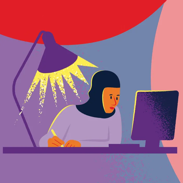 Illustration av en person bärandes slöja som sitter vid ett skrivbord och tittar på en datorskärm. 