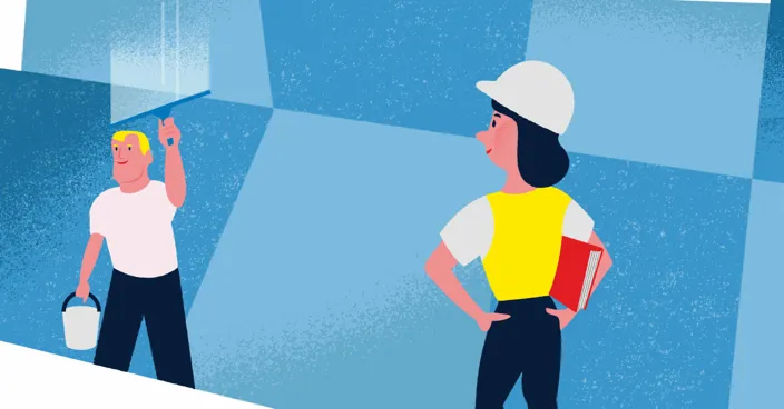 illustration av två personer som arbetar, den ena putsar fönster och den andra tittar på. 