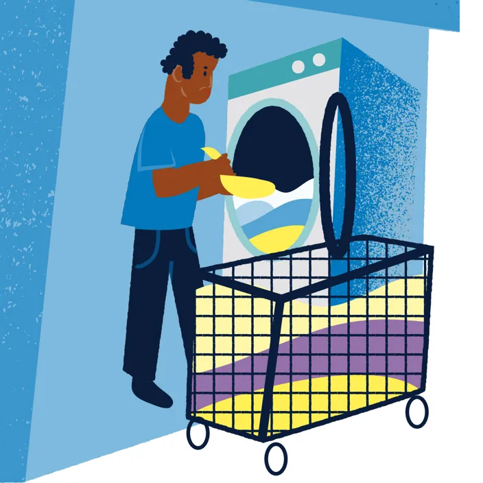 Illustration av person som står vi en tvättmaskin. 