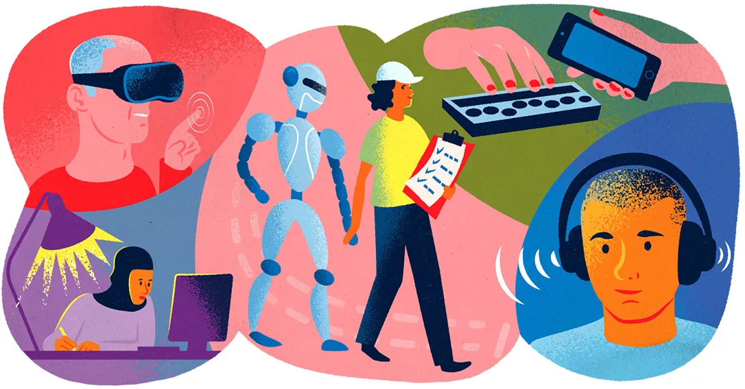 Illustration på människor som utför olika aktiviteter. En lyssnar på musik, en annan sitter vid en dator.