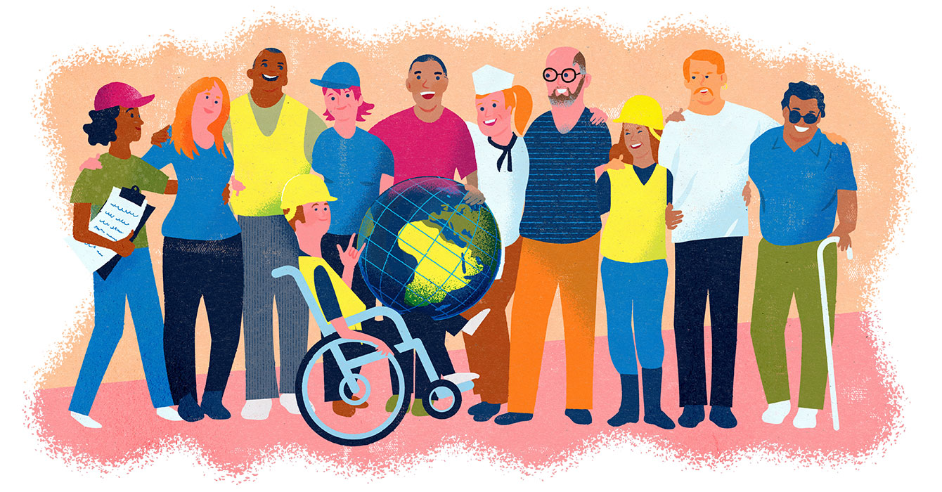 En illustration som visar människor i bredd som står och håller om varandra med armarna över axeln. De är glada.Framför ledet sitter en person i rullstol och håller i en stor jordglob i famnen.