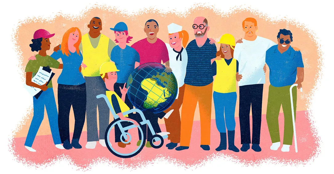 En illustration som visar människor i bredd som står och håller om varandra med armarna över axeln. De är glada.Framför ledet sitter en person i rullstol och håller i en stor jordglob i famnen.