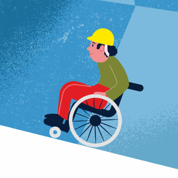 Illustration av person i rullstol som åker upp för en ramp.