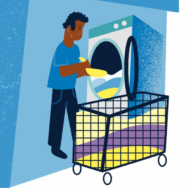 Illustration av person som står vi en tvättmaskin. 