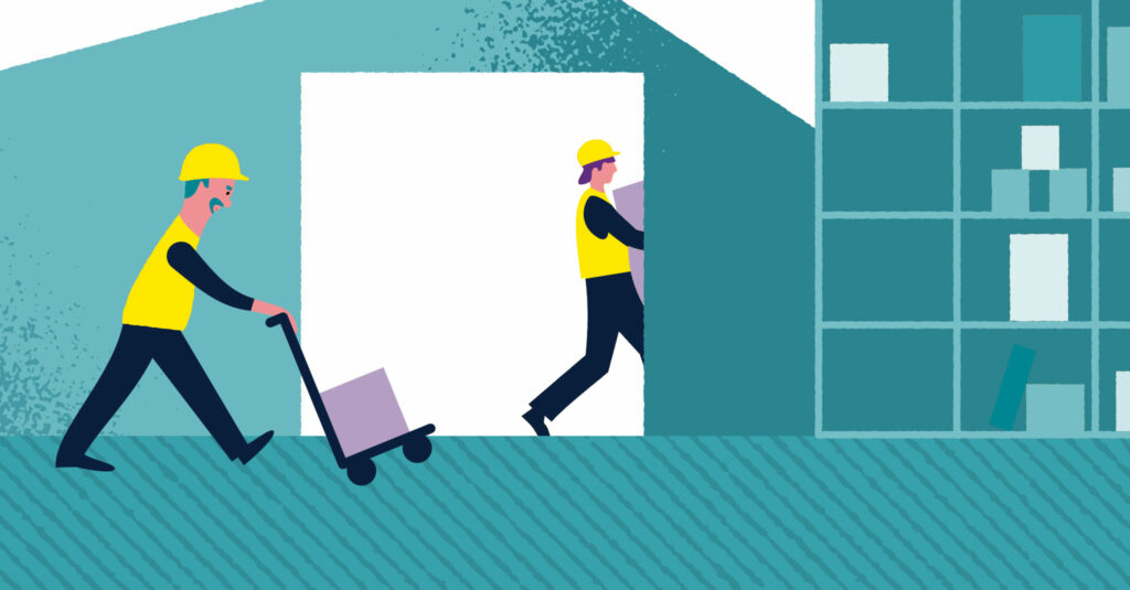 illustration av man som går med en låda på en pirra. han har gul arbetshatt. 