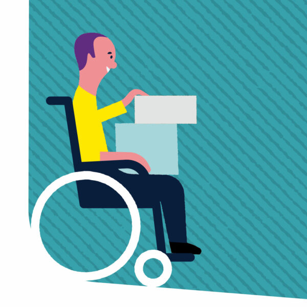 Illustration på person som sitter i rullstol och håller i låder. 