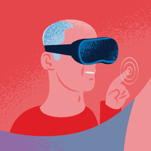 Illustration av en person med grått hår som bär VR-glasögon och pekar med fingert i luften. 