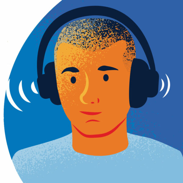 Illustration av en person bärandes hörlurar. 