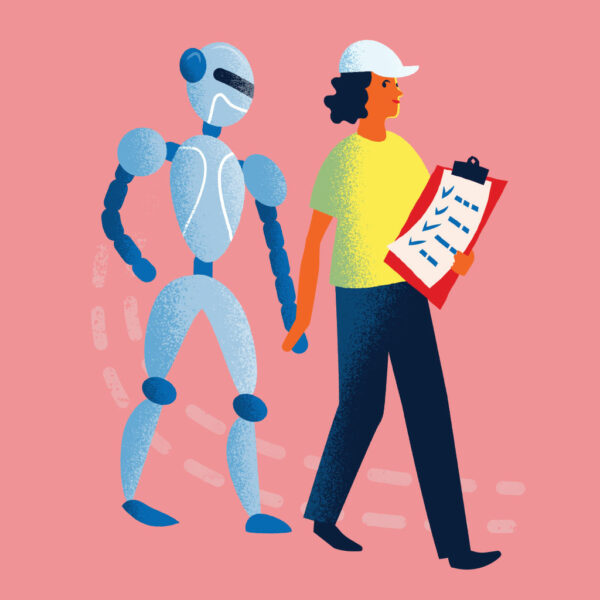 Illustration av en människa som håller hand med en robot. 