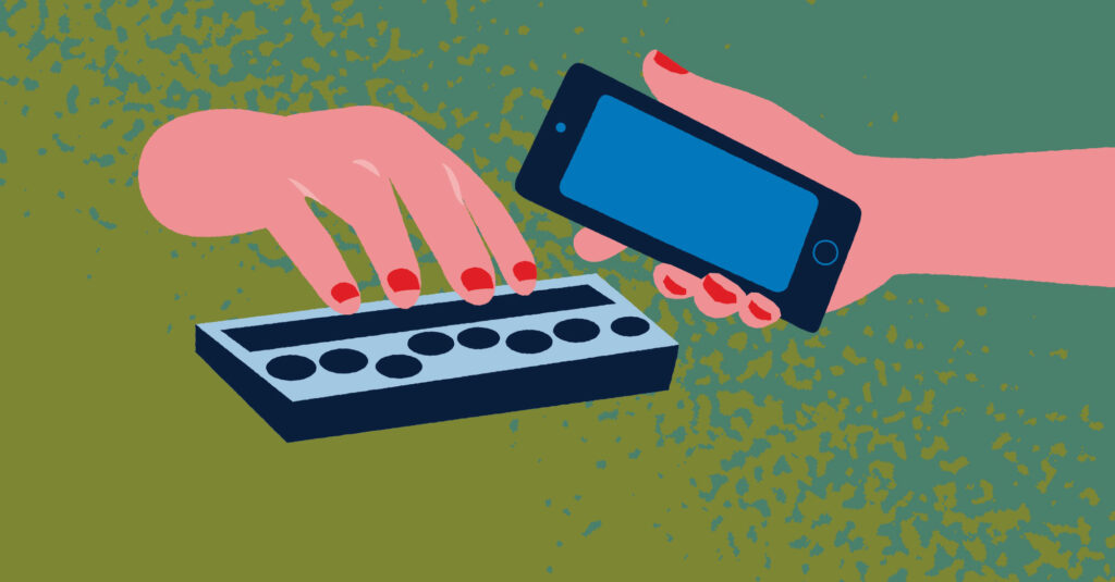 Illustration med starka färgglada färger visandes två händer som håller i en telefon och vad som liknar en maskin med knappar. 