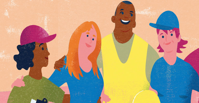 illustration med färglada färger på fyra människor som står på rad. 