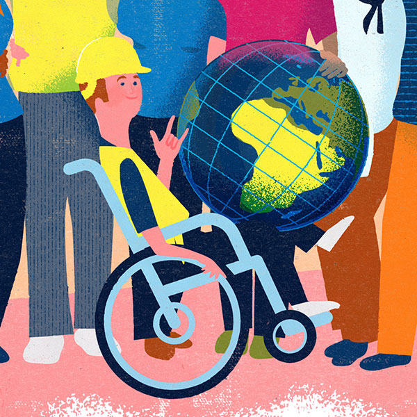 illustration med färglada färger på en person som sitter i rullstol och håller i en jordglob. 