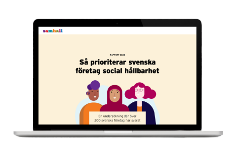 Mockup av en laptop med en illustration samt texten "Så prioriterar svenska företag social hållbarhet"