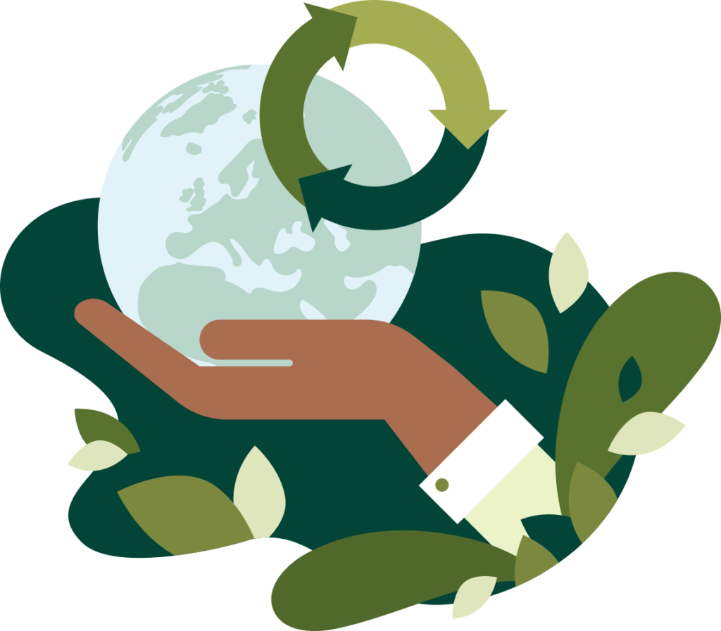 Illustration hand som håller i jordglob med grönska runt